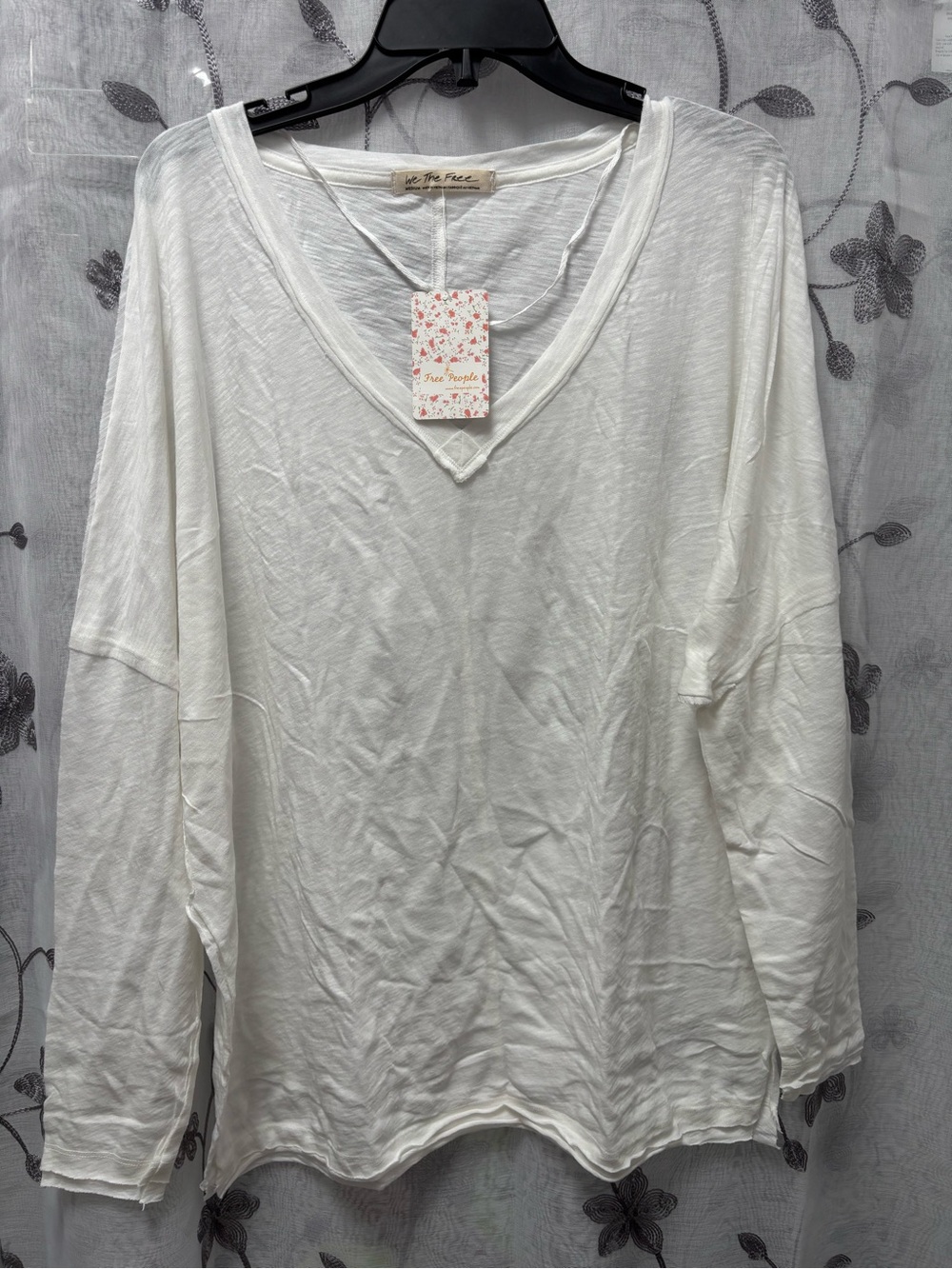 Free People White V-Neck Lightweight Long Sleeve Tee